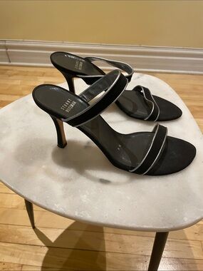 Stuart Weitzman Black Strappy High Heel Sandals with Silver Trim